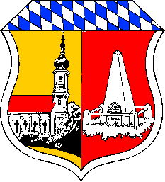 Unter einem Schildhaupt mit den bayerischen Rauten gespalten: Vorne golden mit einer silbernen Kirche mit rotem Dach; hinten rot mit einem silbernen Obelisk.