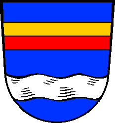 Azure, in chief a bar per fess Or and Gules, in base a bar wavy Argent.
