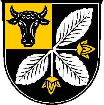 Sable, a canton Or charged with a bull’s head caboshed Sable, issuant from the canton a beech twig of three leaves in saltire Argent, in the angles of the leaves two beechnuts Or on stalks Argent.