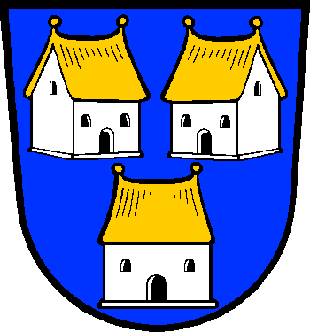 Azure, three houses two and one Argent, roofed Or.