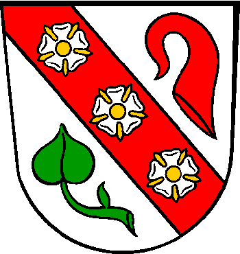 Argent, a bend Gules with three roses Argent, barbed and seeded Or, between a ram’s horn Gules and a water lily leaf slipped Vert.