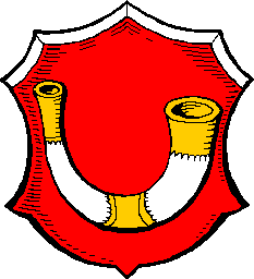 Gules, a bugle horn Argent garnished Or.