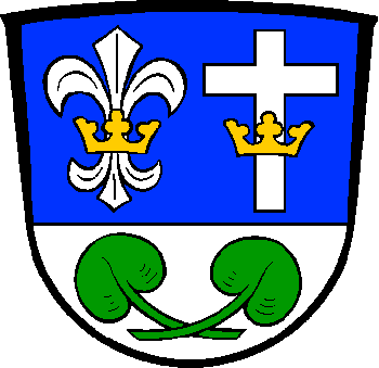 Azure, a fleur-de-lis and a latin cross Argent, both gorged with a crown Or, on a base Argent two water lily leaves slipped in saltire Vert.