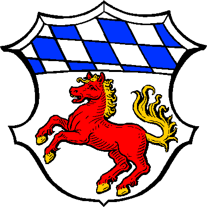 Unter einem Schildhaupt mit den bayerischen Rauten in Silber ein aufspringendes, goldbewehrtes rotes Pferd.