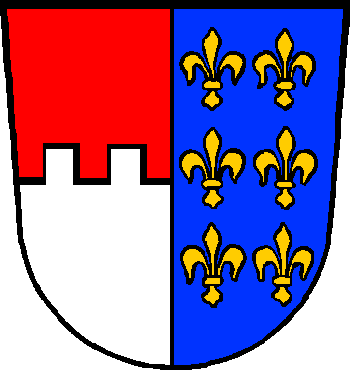 Per pale: Dexter per fess embattled Gules and Argent; Sinister Azure six fleurs-de-lis two, two and two Or.