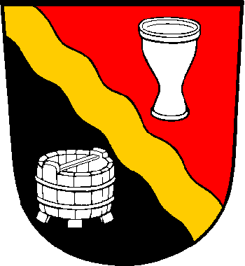 Per bend Gules and Sable, a bend wavy Or between a beaker and a salt tub Argent.