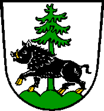 Argent, on a triple mountain Vert a boar passant Sable armed Or, behind it a fir tree Vert with 29 branches.