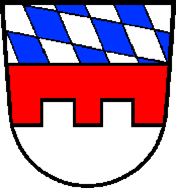 Under a chief with the Bavarian lozenges, Gules, a wall Argent with two battlements.