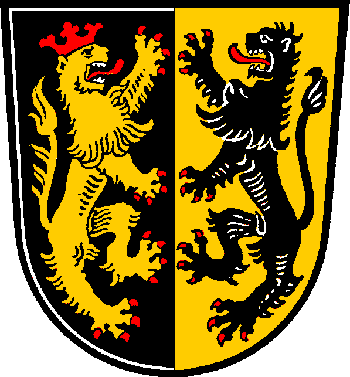 Per pale Sable, a lion rampant facing sinister Or armed and crowned Gules, and Or, a lion rampant Sable armed Gules.