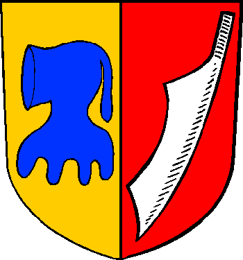 Per pale Or, a cowl Azure, and Gules, a billhook in bend Sinister point downwards Argent.