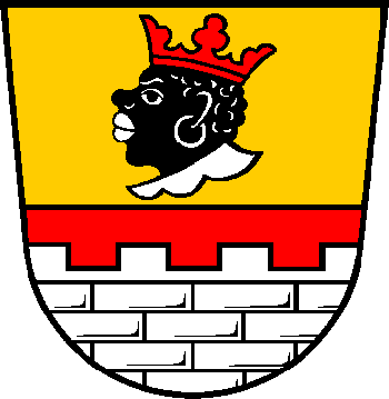 Per fess Or, a moor’s head proper crowned Gules, and Gules, a wall embattled Argent.