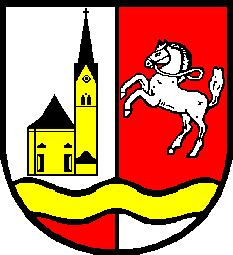 Per pale: Dexter Argent, a church Or with staple; Sinister Gules, a horse bridled rearing Argent; over a base per pale of Gules and Argent a bar wavy Or.
