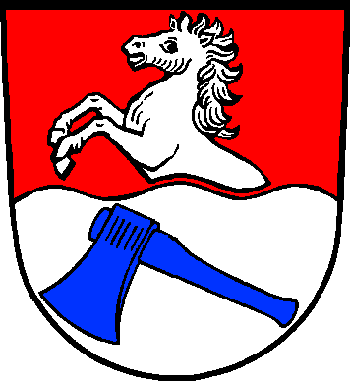 Per fess wavy Gules, a demi-horse issuant Argent, and Argent, an axe bendwise Azure.